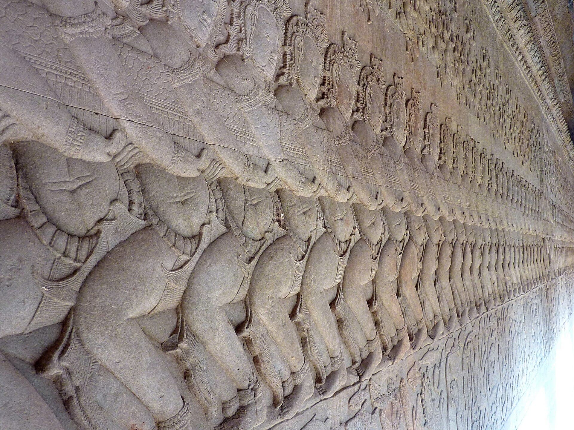 The Churning of the Ocean of Milk bas-relief on the east gallery of Angkor Wat.