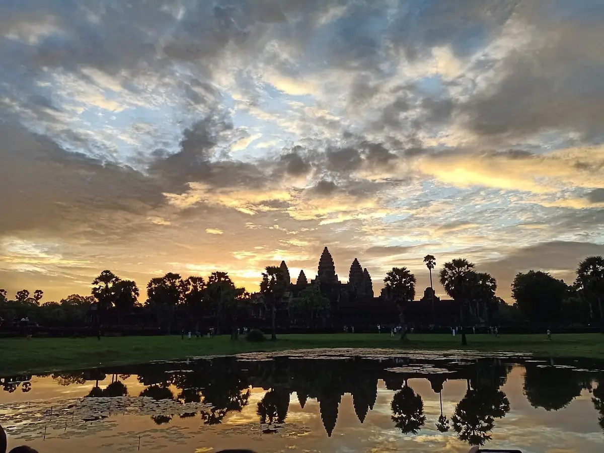 Angkor Wat across the moat in the early light, before sunrise.